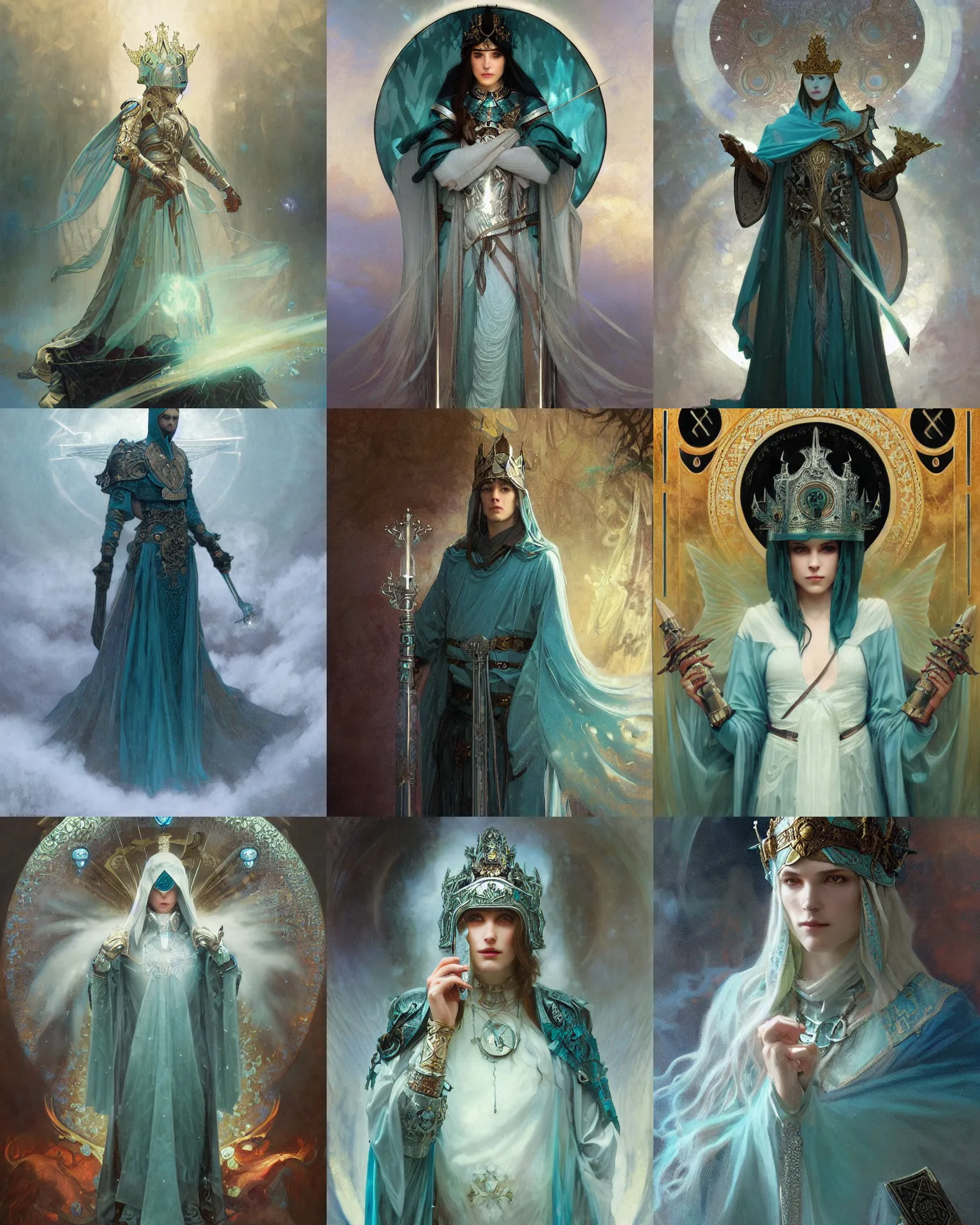 Prompt: portrait of a divine knight dressed in teal robes and helmet, silver crown, runes, jewelry, mystical, ethereal, magical white fog, painting by greg rutkowski and alphonse mucha