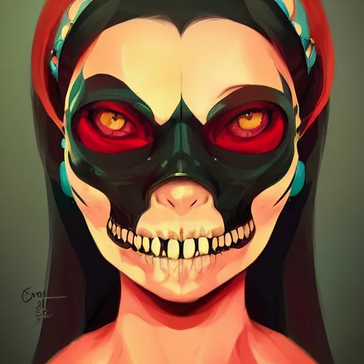 Prompt: sega, portrait of a girl skull face, in the style of artgerm, charlie bowater, atey ghailan and mike mignola, vibrant colors and hard shadows and strong rim light, plain background, comic cover art, trending on artstation