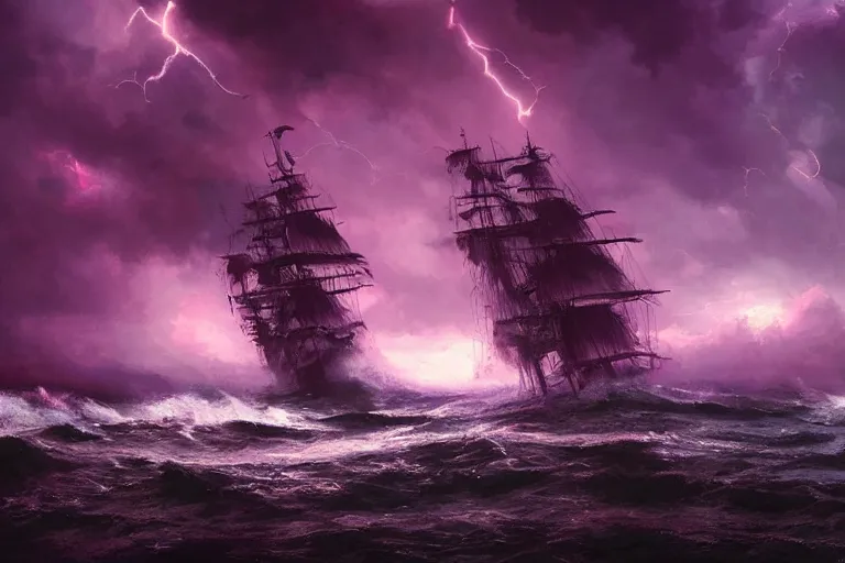 Prompt: a pirate ship in extremely stormy waters at night, massive electrical storm clouds in epic purple sky, digital art, cinematic, hd, by greg rutkowski, artstation