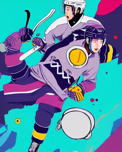 Image similar to pigeon!!! playing ice hockey, anime style, hyper detail, crisp linework, colorful mixed media, a brutalist designed, vivid colours, cryptic, mystical, pop surrealism by james jean, roby dwi antono, ross tran, steven kenny, paul neberra, ashley wood, atmospheric, trending on artstation. 8 k masterpiece.