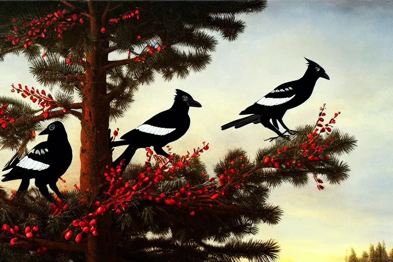 Prompt: a magpie family hosting their magpie relatives on top of a pine tree, in the style of rafał olbinski, intricate and epic composition, red by caravaggio, insanely quality, highly detailed, masterpiece, purple light, artstation, 4 k