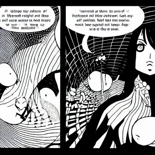 Image similar to Manga Panels, Mila Kunis summons a black spiral void from the sky by Junji Ito