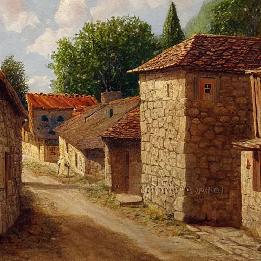 Image similar to painting of a rural French medieval village, by Aleksander Rostov