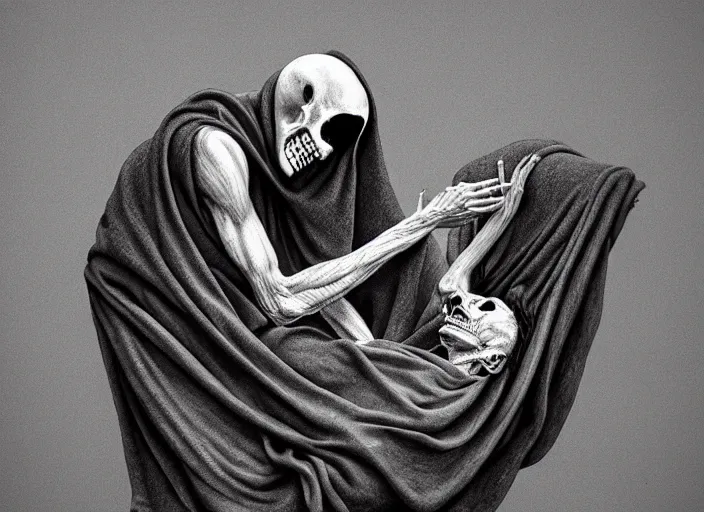 Image similar to this sorrowful picture illustrates the poignant death of the grim reaper and established the republic of life. hyperrealism, intricate details, trending on artsation