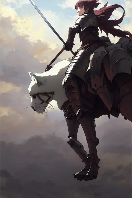 Image similar to a full body of the female knight riding a heavy armored giant cat, finely detailed features, closeup at the faces, perfect art, gapmoe yandere grimdark, trending on pixiv fanbox, painted by greg rutkowski makoto shinkai takashi takeuchi studio ghibli, akihiko yoshida