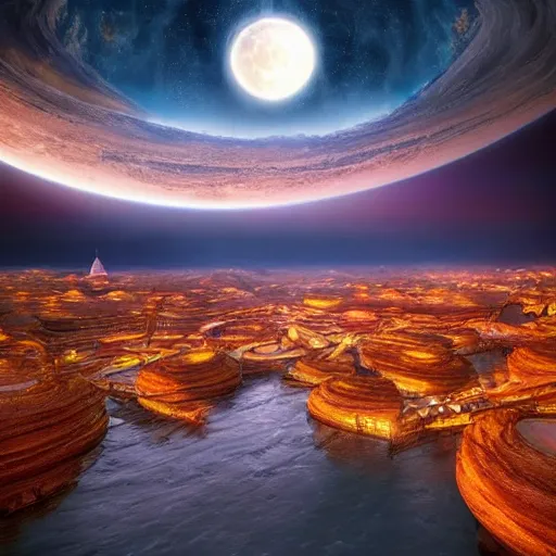 Prompt: amazing photo of a town in a planet without gravity with a donut shaped moon, digital art, by marc adamus, beautiful dramatic lighting