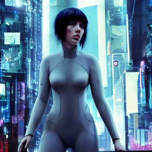 Prompt: scarlett johansson is ghost in the shell, render