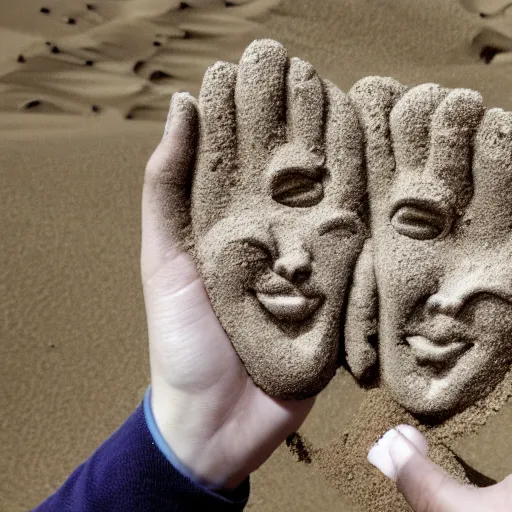 Prompt: a pair of hands holding a face made of sand