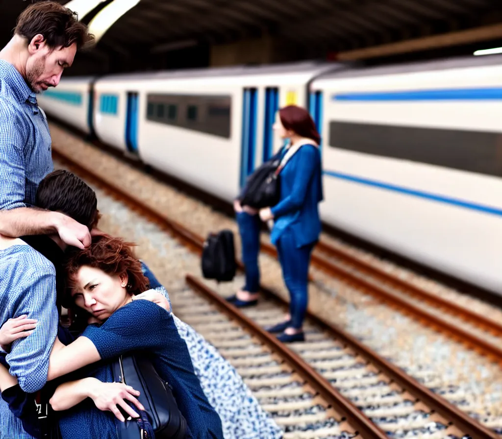 Prompt: A man and a woman wait for a train with heaps of baggage, on a platform back to the camera, hugging, trains in the background, morning hard light, photorealistic, high quality photography