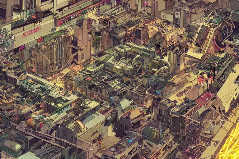 Image similar to a hyper-detailed cyberpunk illustration with a bunch of android females lying over an empty floor, with their broken bodies open and a mess of cables and wires coming out, by masamune shirow and katsuhiro otomo