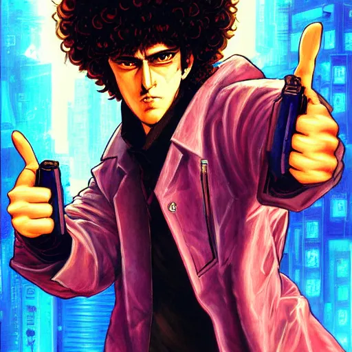 Prompt: a detailed beautiful cyberpunk painting of spike spiegel as a curly-haired persian guy giving a thumbs up by masamune shirow