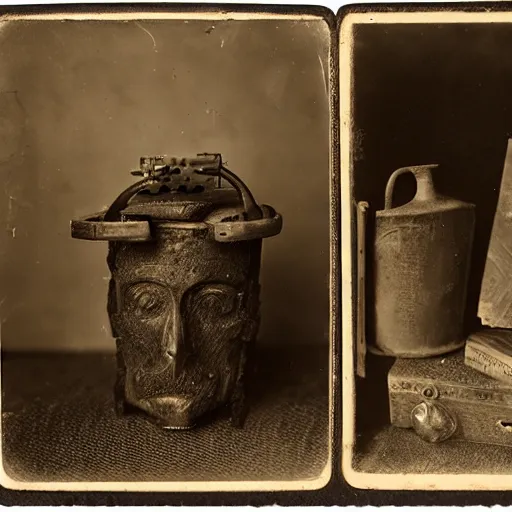 Image similar to Tintype photograph of objects displayed in an ethnographic museum, primitive display, anthropology of wonder, in the style of Marcel Duchamp, found objects, ready-made, 1920s studio lighting.
