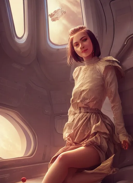 Prompt: woman sitting on a spaceship window, beautiful detailed dress, close face portrait, beautiful model girl, smiling, by artgerm, by wlop, by greg rutkowski, octane render, digital art