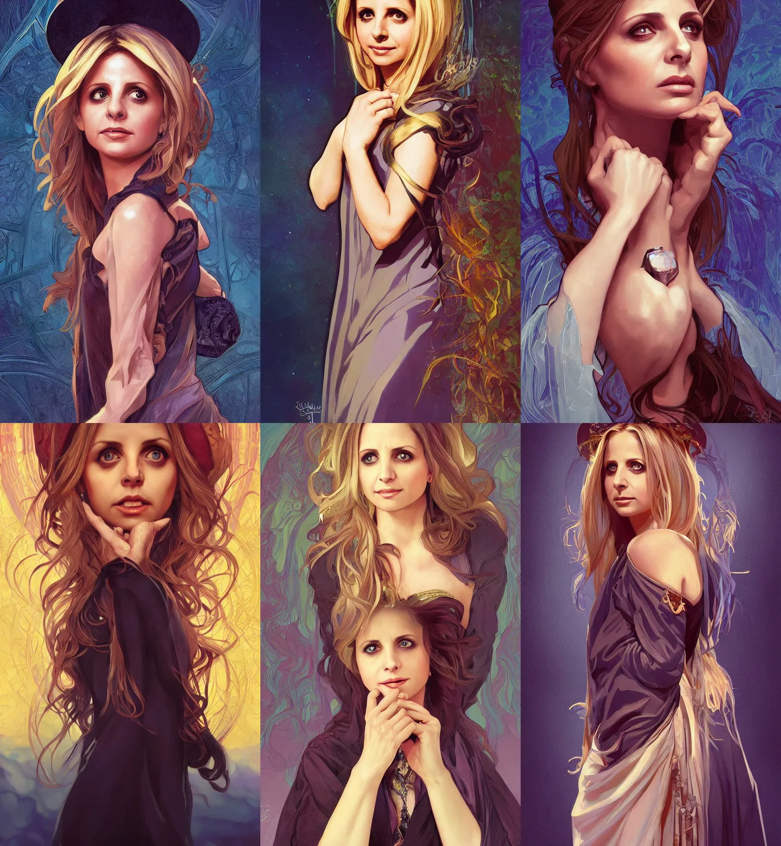 Prompt: A portrait of Sarah Michelle Gellar as a wizard, highly detailed, digital painting, artstation, standing, facing camera, concept art, smooth, sharp focus, illustration, art by artgerm and alphonse mucha, high definition digital art, dramatic lighting, in the style of ilya kuvshinov and Ross tran