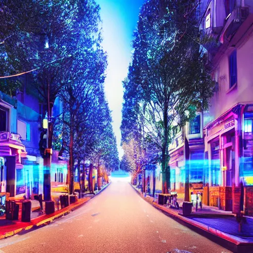 Image similar to a volumetric city of pure blue light, beautiful street with city structures of blue light emission, perspective looking through augmented reality, this town is rendered but the street is real life, photo