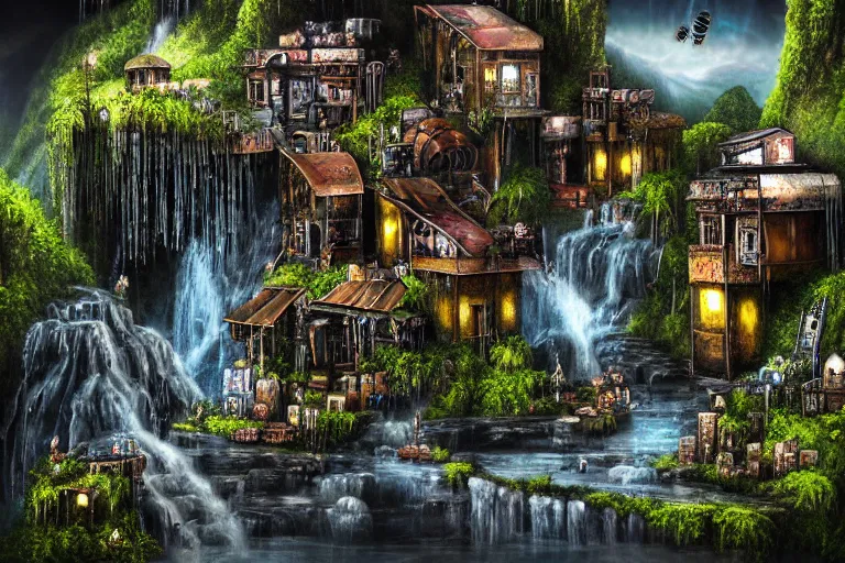 Image similar to gothic waterfall favela honeybee hive, subconscious environment, industrial factory, award winning art, epic dreamlike fantasy landscape, ultra realistic,