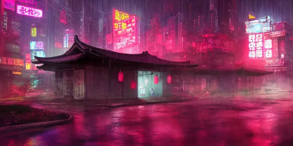 Prompt: “an ancient Japanese temple, shrouded in a cyberpunk city, during a rainy night, 4k, cinematic, pink and aqua neon lights, dark, hyperrealistic, trending of art station”