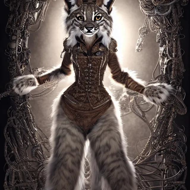 Image similar to the portrait of anthropomorphic lynx fursona wearing a steampunk dress as unimaginably beautiful, gorgeous, elegant, young lynx, an ultrafine hyperdetailed illustration by kim jung gi, irakli nadar, intricate linework, white fur, unreal engine 5 highly rendered, global illumination, radiant light, detailed and intricate environment