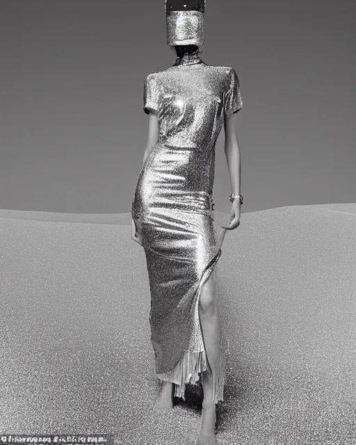 Image similar to standing in an abstract desert dunes criss-crossed with razor-thin lasers and threads, a young beautiful elegant blindfolded fashion model woman wearing posing in a splendid shiny metallic party dress, face and eyes obscured by a floating mid-air laserbeams and geometry