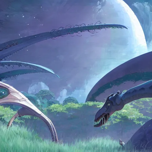 Image similar to concept art painting of an alien world full of alien dinosaurs, detailed, cel shaded, in the style of makoto shinkai and moebius and james gurney