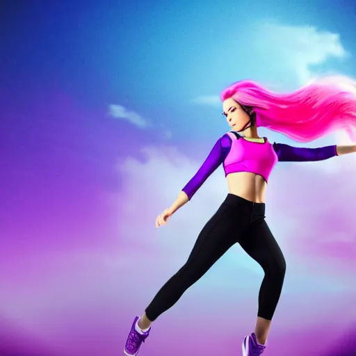 Image similar to a award winning full body shot of a beautiful woman in a croptop with a ombre purple pink teal hairstyle with head in motion and hair flying, gloves, outrun, vaporware, vivid colors, highly detailed, fine detail, intricate