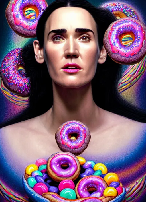 Image similar to hyper detailed 3d render like a Oil painting - Jennifer Connelly with black hair in thick mascara seen seriously making chewing gum bubbles and Eating of the Strangling network of colorful donuts and exotic colorful flowers and Her delicate Hands hold of pink parrots bring iridescent luminescent flowers whose blossoms black the foolish stars by Jacek Yerka, Mariusz Lewandowski, Houdini algorithmic generative render, Abstract brush strokes, Masterpiece, Edward Hopper and James Gilleard, Zdzislaw Beksinski, Mark Ryden, Wolfgang Lettl, Dan Hiller, hints of Yayoi Kasuma, octane render, 8k