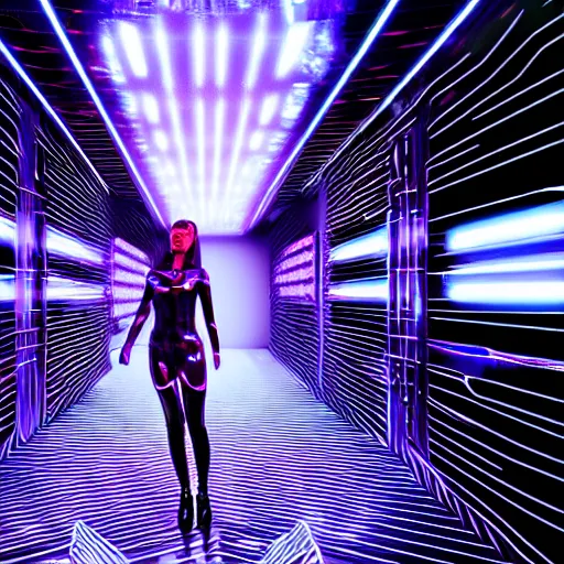 Image similar to chromatic cyborg female discovering her own consciousness in a mirror maze (Unreal Engine, 3D, Reflections, Glossy, Hyer-Realistic, Futuristic, Noise, Gradient)