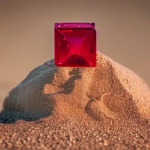 Prompt: cube shaped ruby standing on sand, macro photo, high detail, nikon d 8 1 0, ƒ / 5. 6, focal length : 6 0. 0 mm, iso : 2 0 0