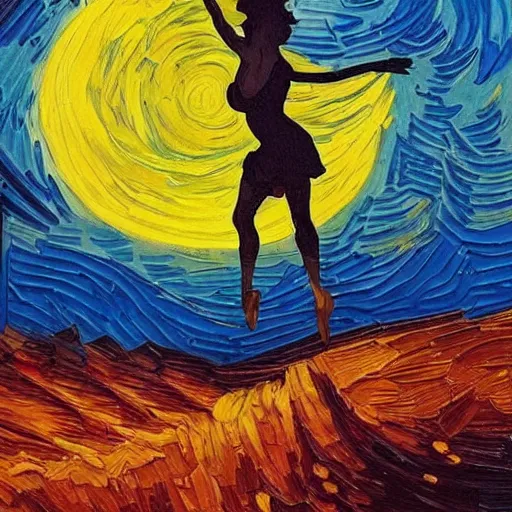 Image similar to dancer silhouette in front of sunset clouds van gogh oil painting