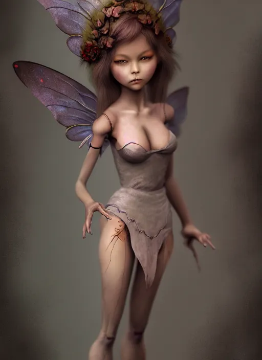 Prompt: high quality presentation photo of a detailed fairy doll, digital painting, artstation, illustration, concept art by hyung tae and frank frazetta, digital paint, matte paint, washed colors, dark, gloomy, foggy