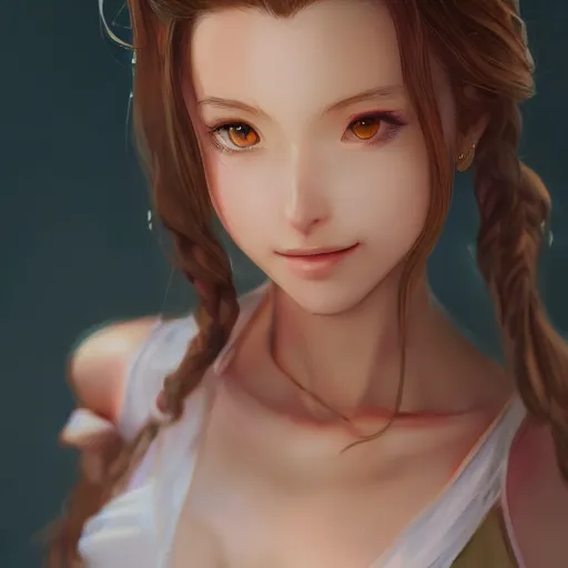 Image similar to face and body shot of aerith gainsborough by WLOP, rossdraws, Logan Cure, Mingchen Shen, BangkuART, sakimichan, yan gisuka, JeonSeok Lee, zeronis, Chengwei Pan on artstation