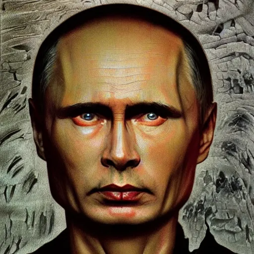 Image similar to stupid idiot degraded retard vlad putin photo - realistic, color image, hyper realistic, 2 k, highly detailed, occult art, by giger, fractal structure