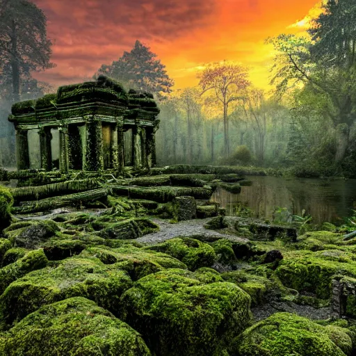 Prompt: a ruined mossy ancient temple in the middle of a forest near a river at sunset, digital art, high quality, high detail, 8k hdr