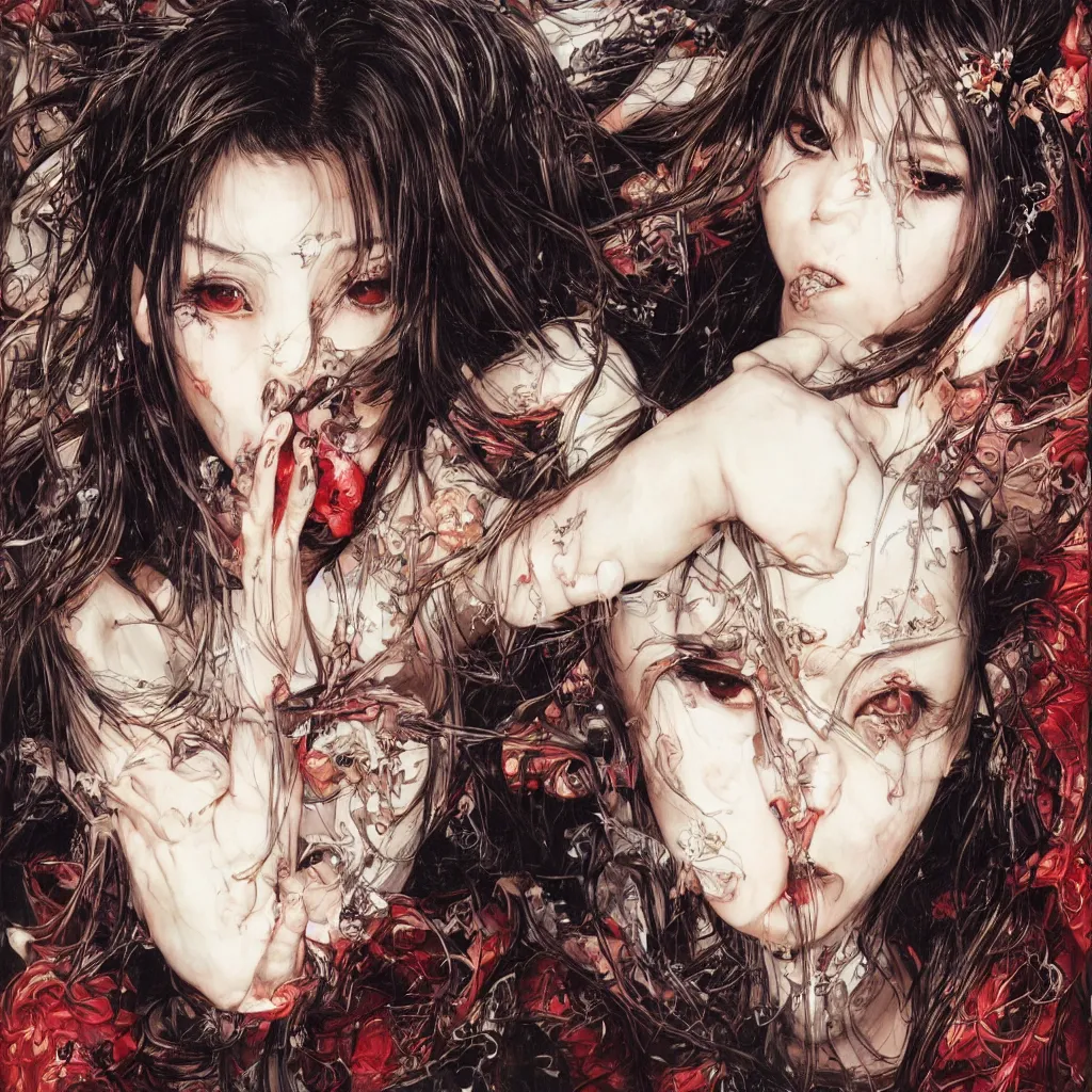 Image similar to portrait of angelababy eating a very big poly-poop by Ayami Kojima, Amano, rich deep colors