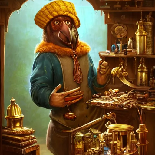 Prompt: A Anthropomorphized parrot trader in his shop, selling his wares, portrait, items, gold, carpet, window, sly expression, cunning expression, presenting wares, holding a gold bag, D&D, fantasy, cinematic lighting, highly detailed, digital painting, artstation, concept art, smooth, sharp focus, illustration, warm light, cozy warm tint, magic the gathering artwork, volumetric lighting, 8k, art by Akihiko Yoshida, Greg Rutkowski