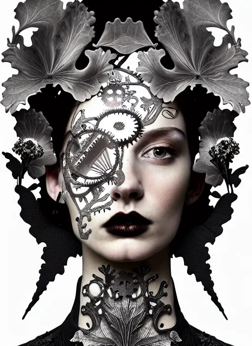 Prompt: monochrome profile portrait painting, dutch masters, silver lace floral steampunk biomechanical beautiful one techno eye young female cyborg, big monocular, volumetric light, leaves foliage and stems, hibiscus flowers, alexander mcqueen, rim light, big gothic fashion pearl embroidered collar, 8 k