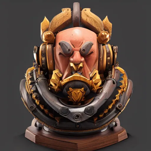 Image similar to high intricate bust of overwatch roadhog carved from wood in baroque style, studio light, maria panfilova, andrea savchenko, mike kime, ludovic plouffe, qi sheng luo, oliver cook, trending on artstation