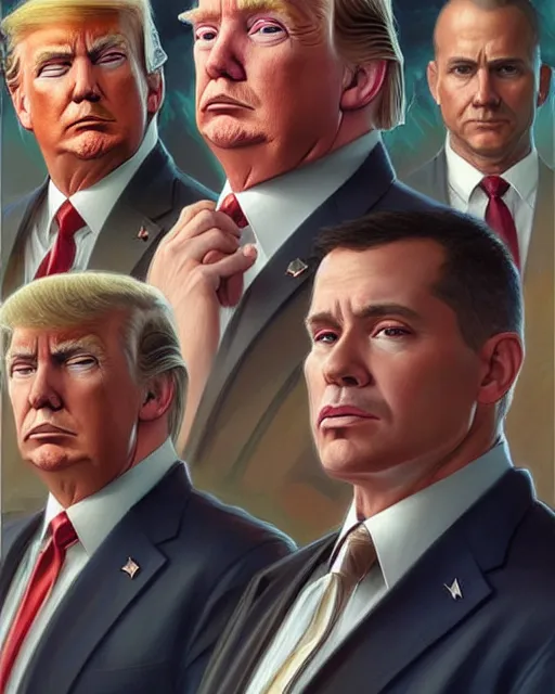 Image similar to Portrait of Donald Trump & FBI officers at Key Largo,real life skin, intricate, elegant, highly detailed, artstation, concept art, smooth, sharp focus, art by artgerm and greg rutkowski and alphonse mucha