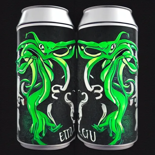 Image similar to Cthulhu energy drink can, photorealistic