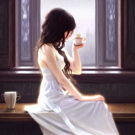 Prompt: a beautiful girl with long dark hair and bangs, wearing a white dress, sitting alone in a cafe, fantasy, intricate, elegant, highly detailed, digital painting, artstation, concept art, matte, sharp focus, illustration, art by Artgerm and Greg Rutkowski and Alphonse Mucha