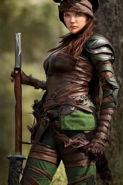 Image similar to fantasy character photo. female ranger. danielle campbell. facial expression of manic obsessive love. tall, lanky, athletic, wiry. brown & dark forestgreen leather armor. little feathered hat, lightgreen, worn at jaunty angle. black hair in ponytail. bright blue eyes. leaning against the exterior wall of a tavern