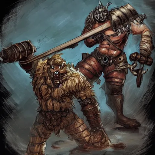 Image similar to raging armored bugbear wielding rusty cleaver grappling gnoll wayne reynolds