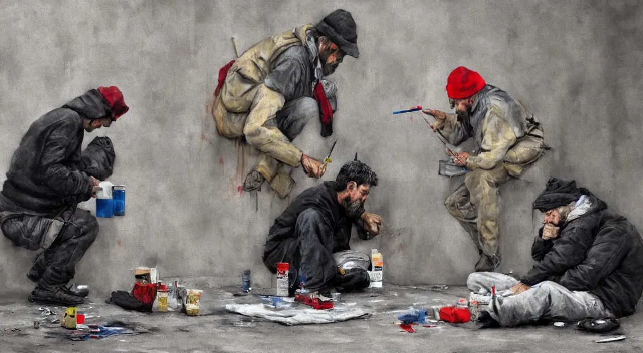 Prompt: Bansky graffiti art of an artist painting a self portrait of themselves painting next to a homeless man, ultra high resolution, photo realistic, depth of field, award winning, cinematic, color graded