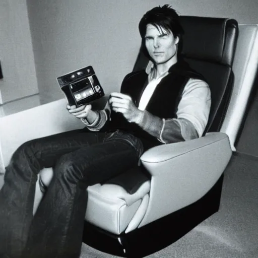 Image similar to Polaroid of Tom Cruise sitting in recliner with remote control 1983