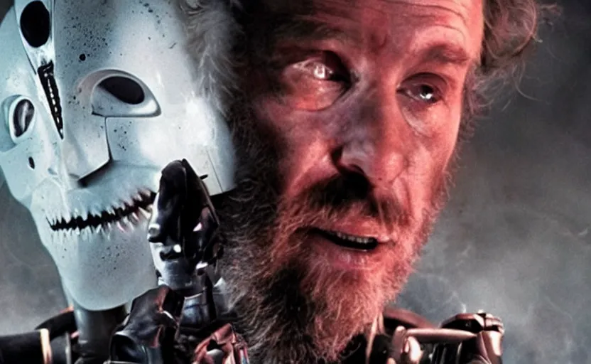 Prompt: horror movie directed by Ridley Scott featuring a sentient robot who collects corpses wide shot film