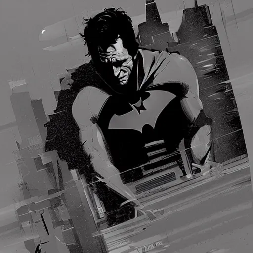 Prompt: Thomas Jane, an illustration of Bruce Wayne in his office and a silhouette of Batman in his shadows, art by Ilya Kuvshinov, highly detailed, comics, epic landscape, HD digital art, artstation