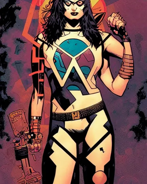 Image similar to mike mignola and sandra chevrier comic cover art, full body cute young lady, symmetrical eyes, bangs, rim lighting, vivid colors