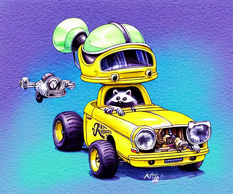Image similar to cute and funny, racoon wearing a helmet riding in a tiny hot rod with oversized engine, ratfink style by ed roth, centered award winning watercolor pen illustration, isometric illustration by chihiro iwasaki, edited by range murata, tiny details by artgerm and watercolor girl, symmetrically isometrically centered and in focus