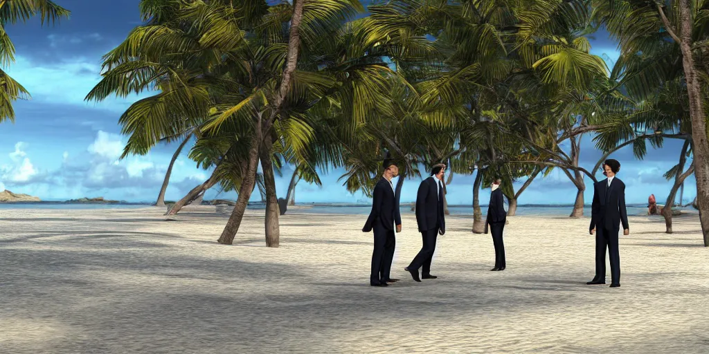 Image similar to Men in suits on the beach on a deserted tropical island, The whole island is visible and is surrounded by water, ultra realistic, high detail, 4k, trending on artstation