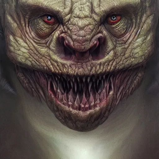 Image similar to vladimir putin, anthropomorphic bald prehistoric reptile, putin chimera, toothless, horror, macabre by donato giancola and greg rutkowski and wayne barlow and zdzisław beksinski, realistic face, digital art